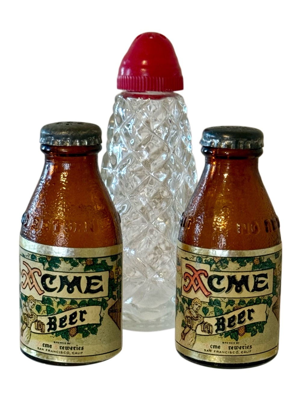Vintage Acme Mini Bottle Salt Pepper Shakers MCM Plus Bonus Glass Red Top Shaker